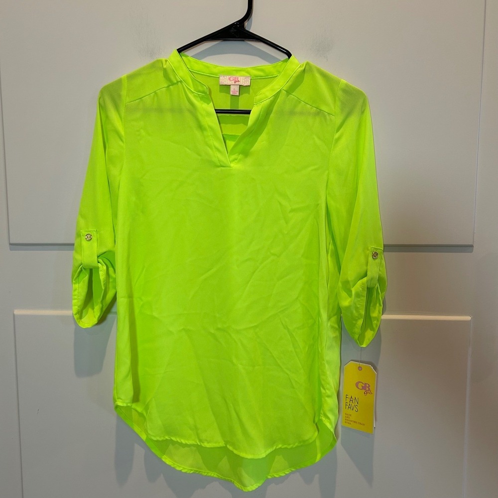 GB‎ Girls Neon Yellow Long Sleeve Roll Tab Button Up Shirt Top Kids Size L NWT